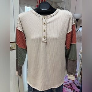 Colorblock Long Sleeve Ribbed Henley Top - Heimish USA